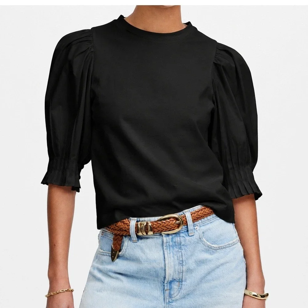 Madewell Top Women XXS Black Puff Sleeve Knit Top Pleated Cuff Dark Academia NWT